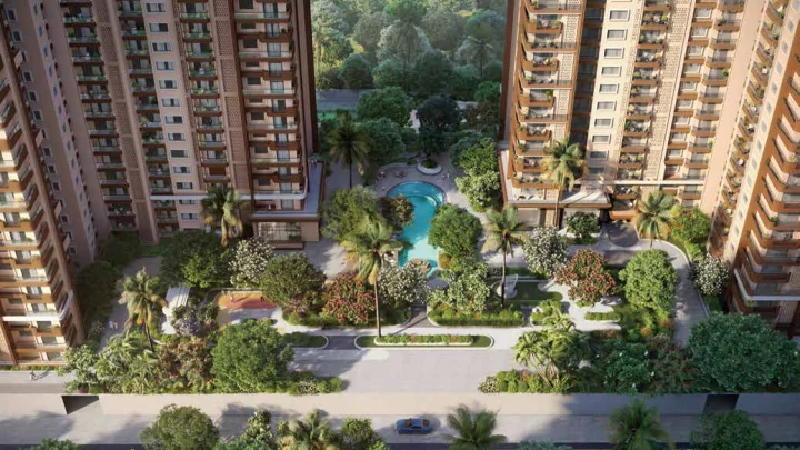 Aerial overview of Sattva City towers and internal greens